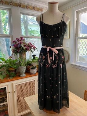 Black Floral Chiffon Slip Dress with Pink Rosebud and Ribbon Accent 1950s Vtg